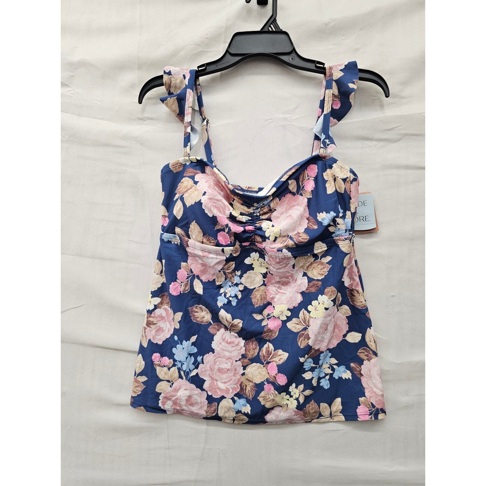 Shade & Shore Womens Floral Tankini Top Blue Nylon Blend Casual Size Large